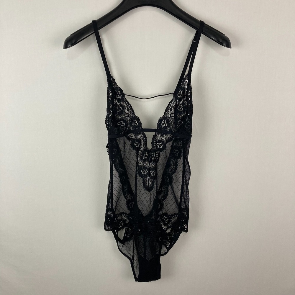 La Vie En Rose Black Lace Floral Teddy Open Back Wireless Size Medium